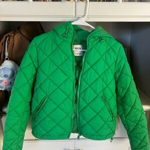 Zara green short water repellent hooded quilted jacket